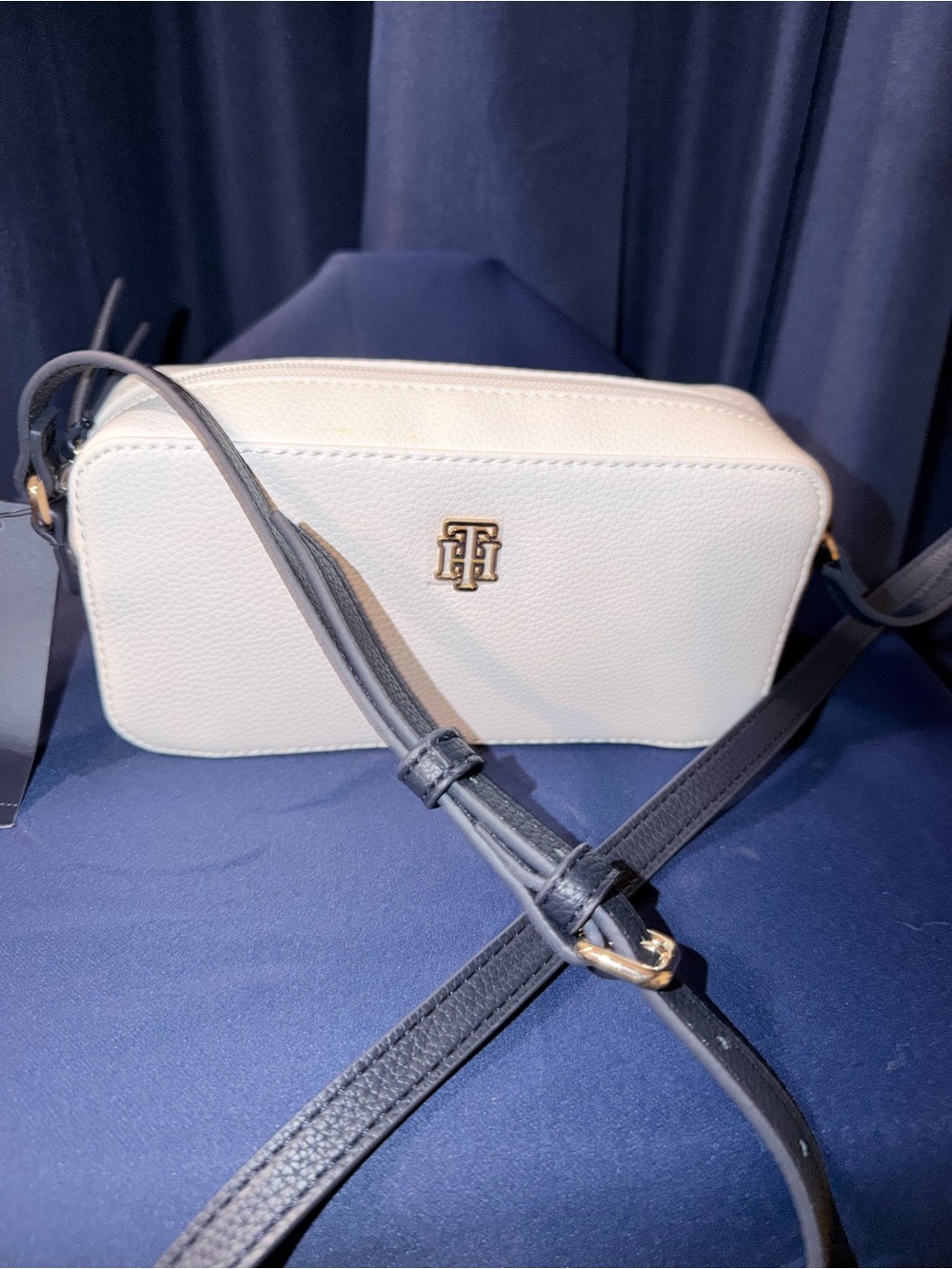 Tommy Hilfiger White Crossbody Bag with Navy Strap and Gold Logo